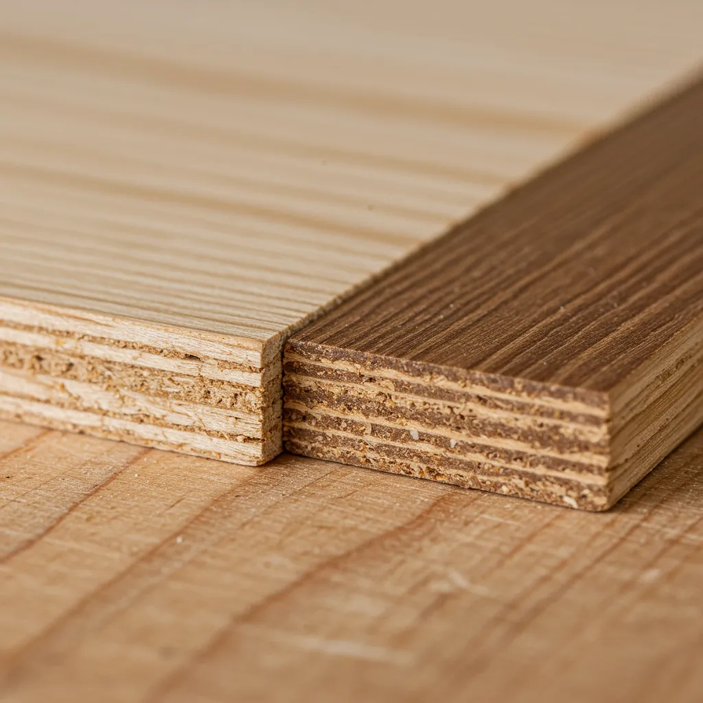 Comparaison en gros plan des tranches d'un panneau mélaminé et d'un bois massif pour identifier le matériau d'un meuble IKEA
