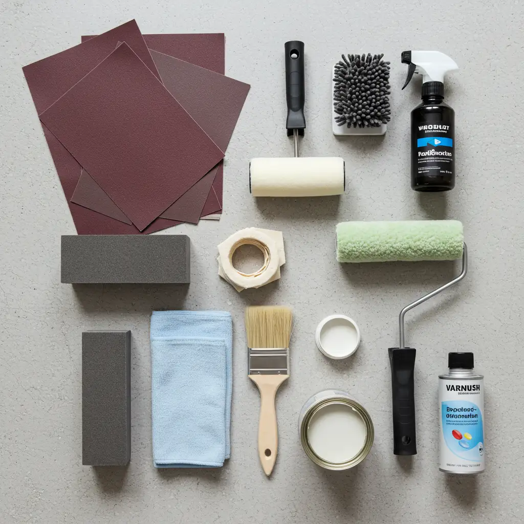 Vue de dessus du matériel complet nécessaire pour repeindre un meuble IKEA : papier abrasif, rouleau, pinceau, dégraissant et peinture multi-supports
