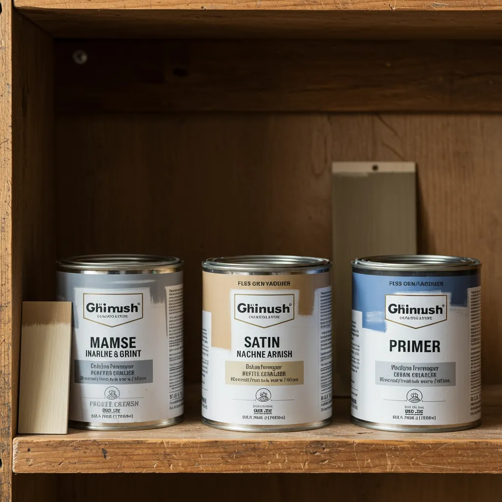 Comparaison de pots de peinture multi-supports, primaire et vernis avec leurs échantillons de finition pour choisir le bon produit pour un meuble IKEA