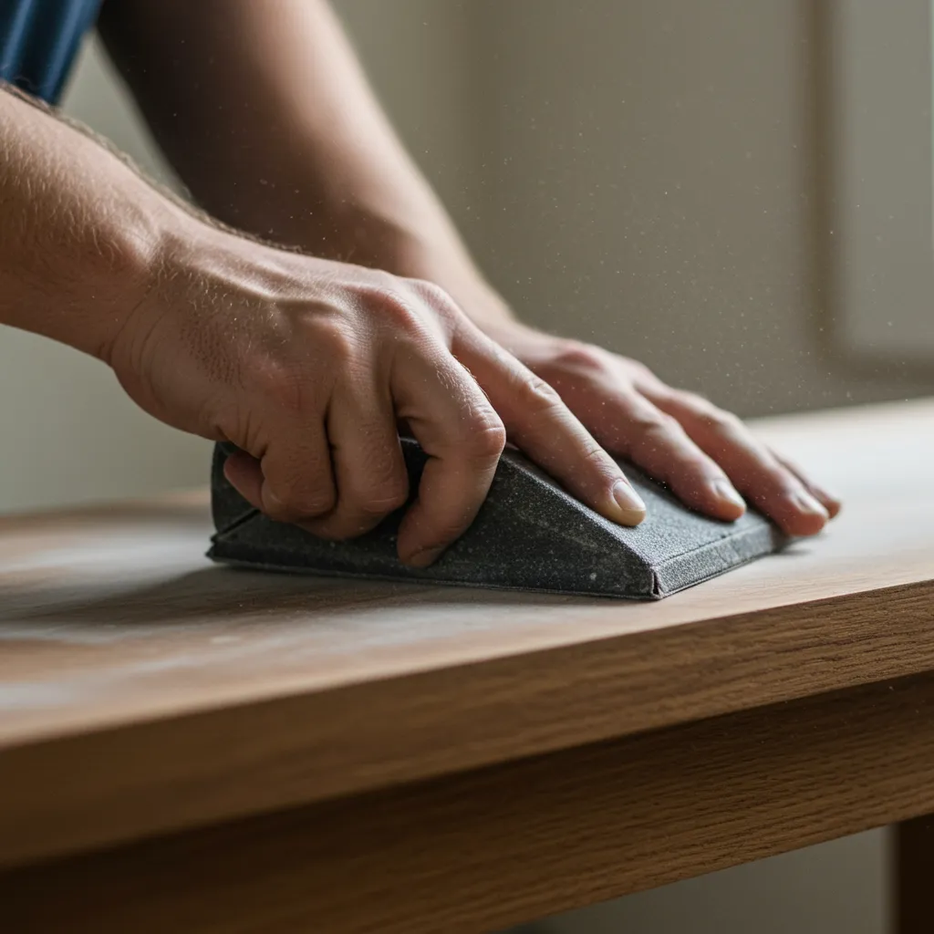 Gros plan sur le ponçage minutieux d'un meuble IKEA au papier abrasif grain 240 pour éviter les erreurs courantes lors de la peinture