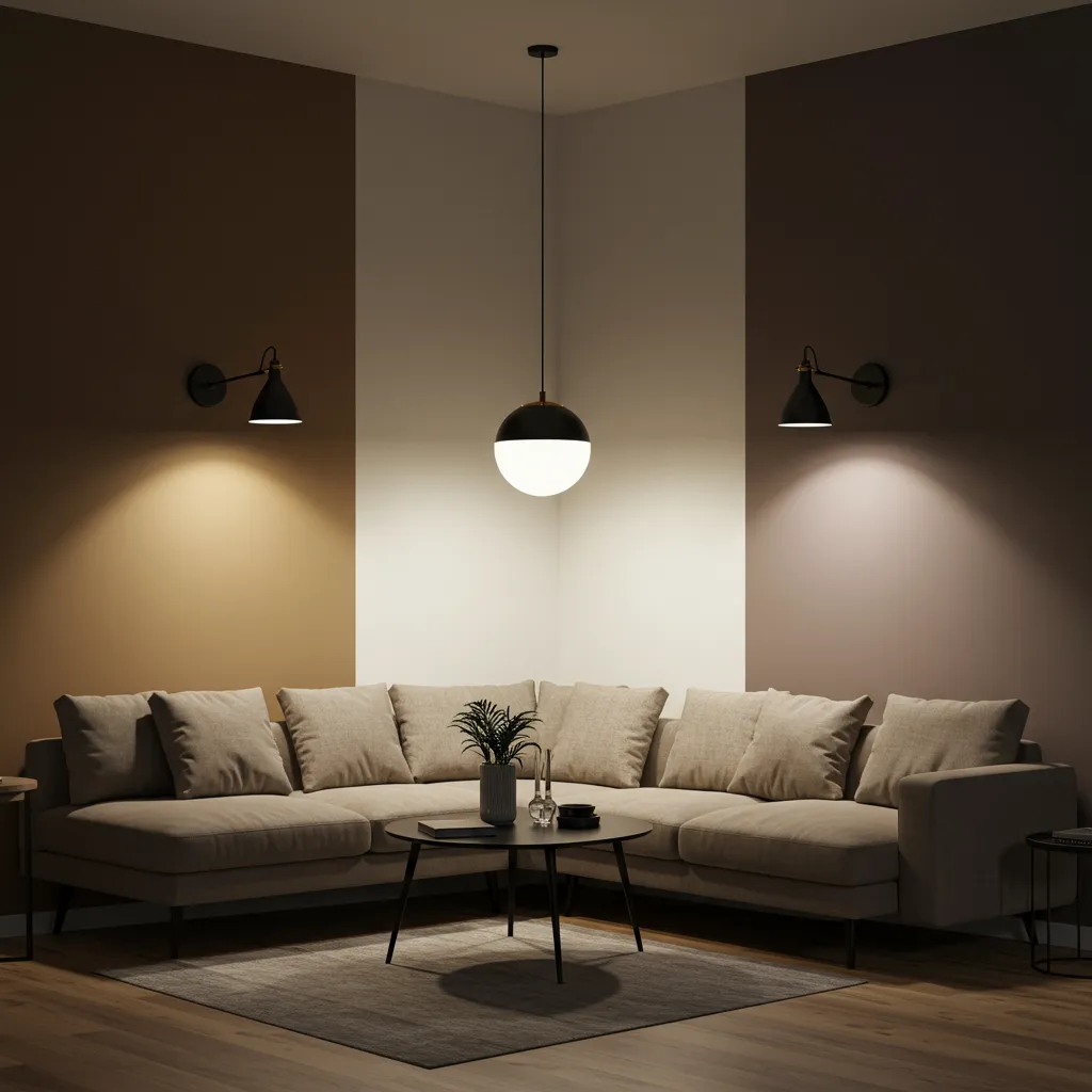 Comparaison des trois types d'éclairage dans un salon moderne : direct, indirect et diffus