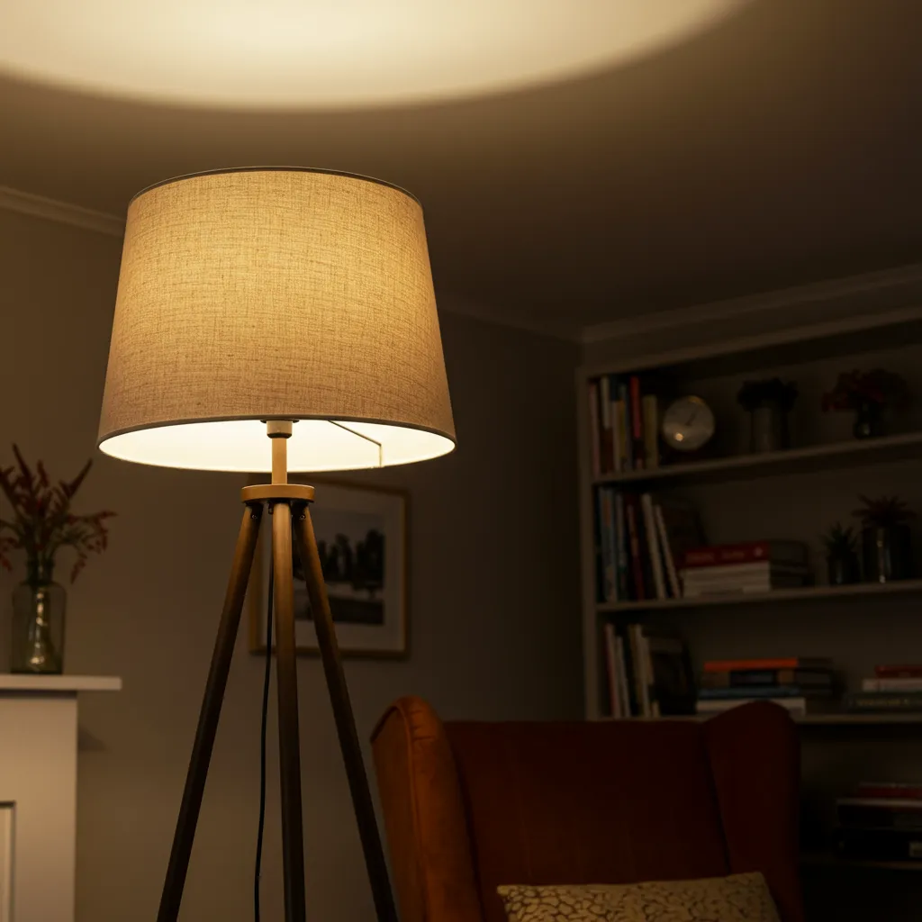 Lampadaire avec abat-jour en tissu projetant la lumière vers le plafond pour un éclairage indirect au salon