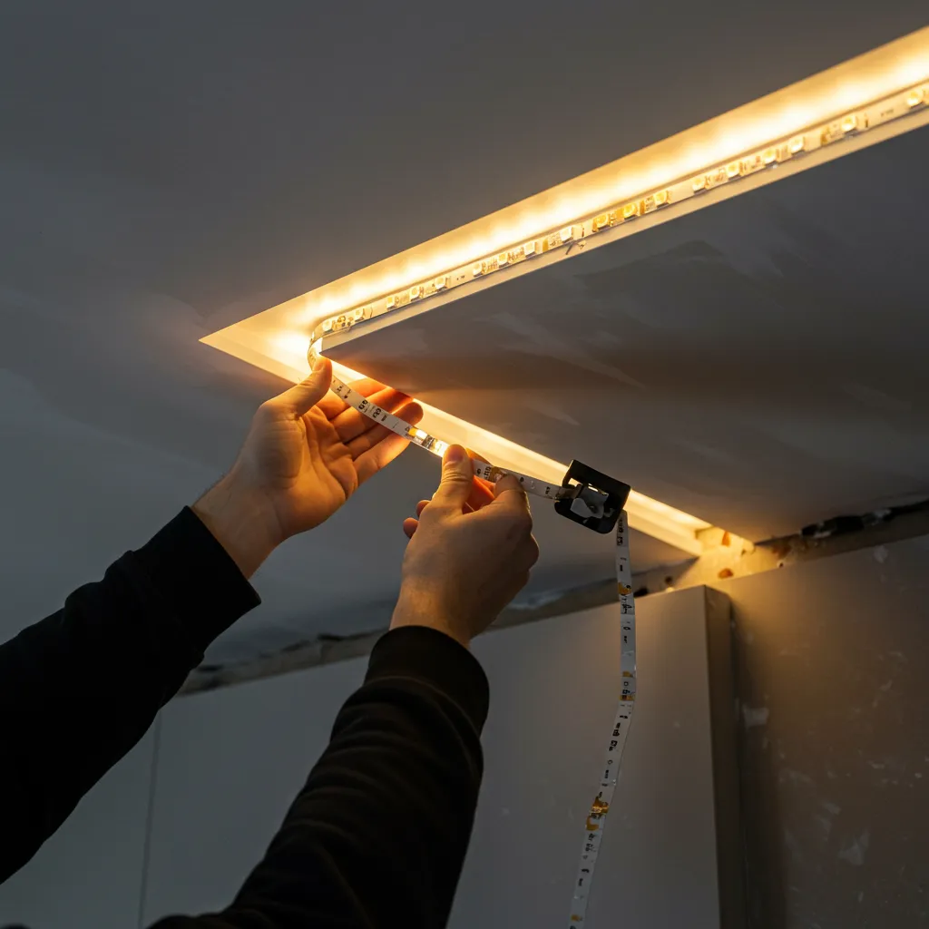 Installation d'un ruban LED dissimulé dans une corniche de plafond pour créer un éclairage indirect dans un salon
