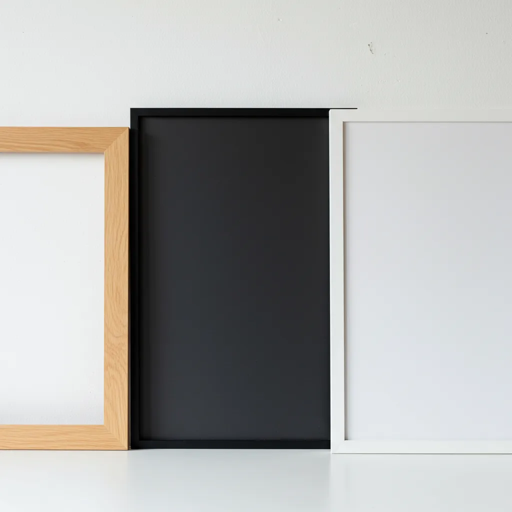 Comparaison de cadres photo grand format en différents matériaux : bois chêne, MDF, aluminium et plastique