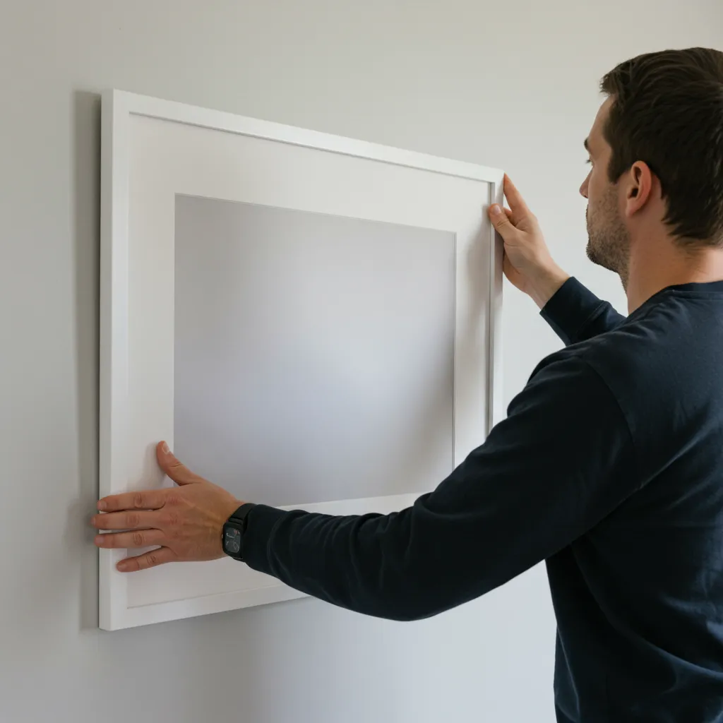 Installation d'un cadre photo grand format sur un mur avec un niveau laser pour un accrochage seul et précis
