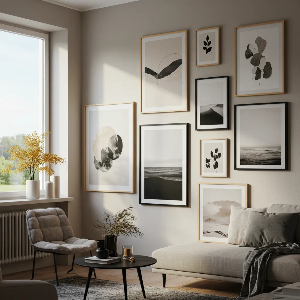 Mur galerie avec plusieurs cadres photo grand format en salon, mélange de cadres noirs et bois dans un décor scandinave
