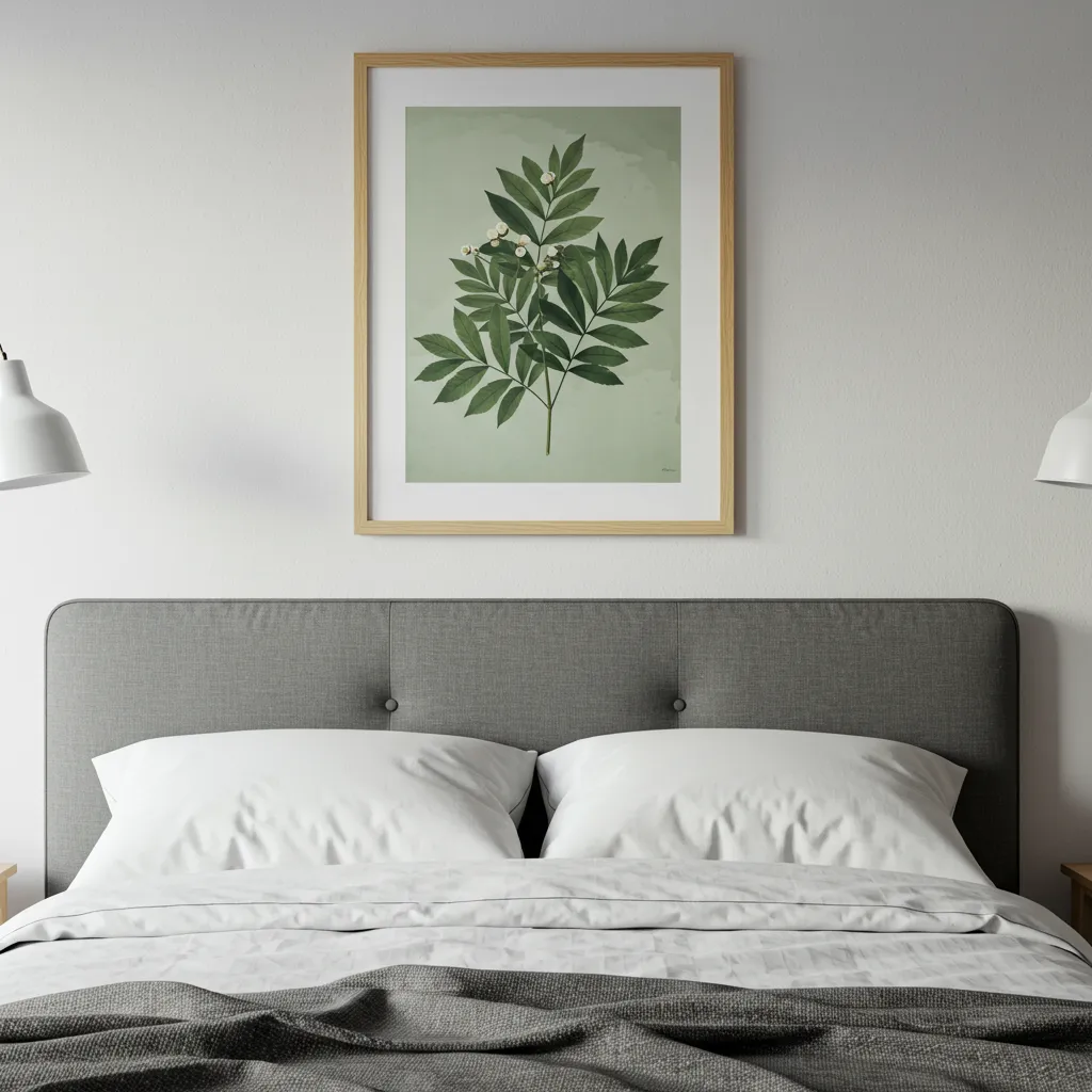 Grand cadre photo mural en bois chêne avec impression botanique au-dessus d'une tête de lit dans une chambre cosy