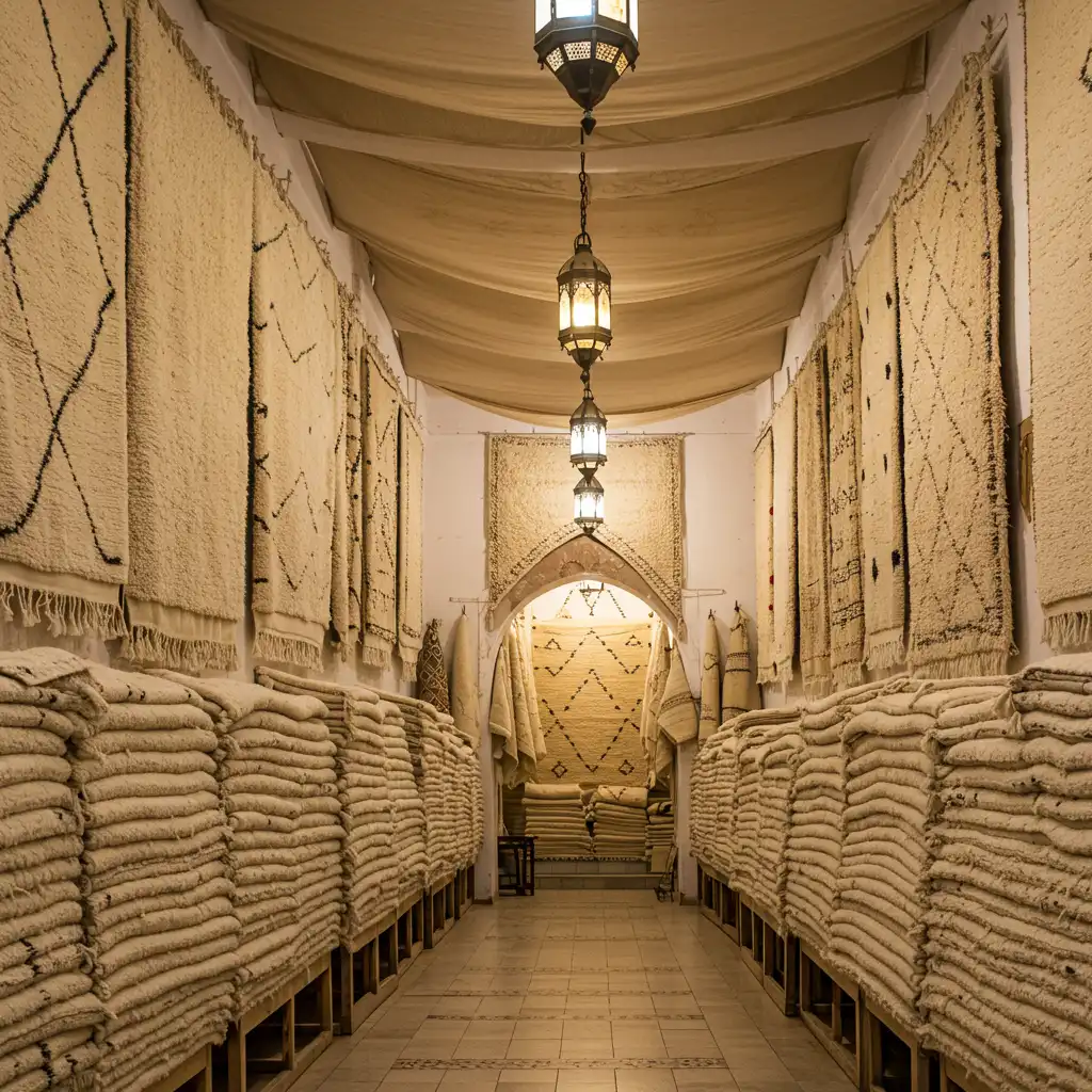 Boutique de tapis berbères authentiques dans un souk marocain avec des Beni Ouarain empilés et accrochés aux murs