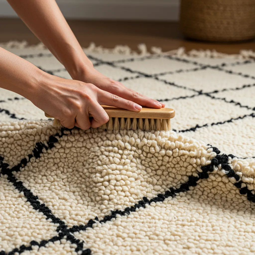 Entretien d'un tapis Beni Ouarain authentique, mains brossant délicatement la laine épaisse ivoire à motifs géométriques noirs
