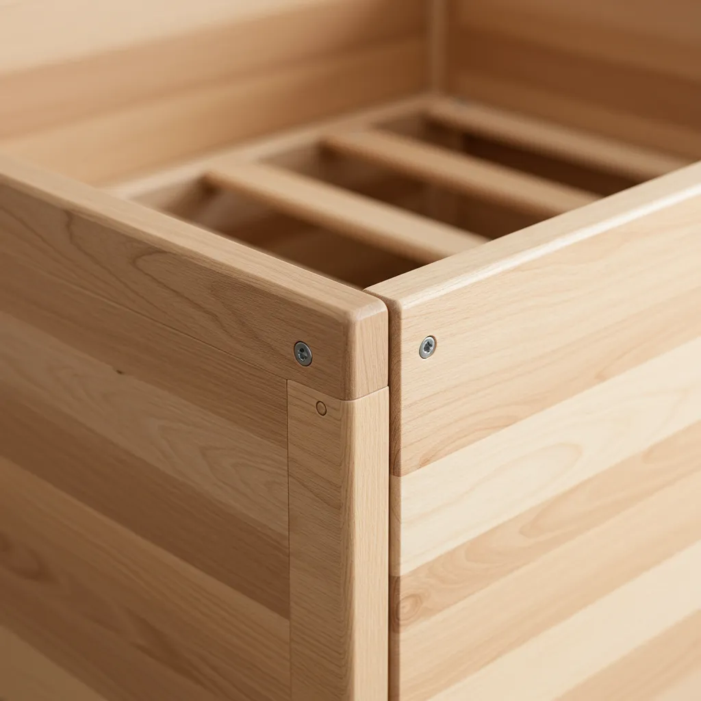 Détail de la structure en bois massif d'un lit cabane Montessori avec finitions soignées et arêtes arrondies