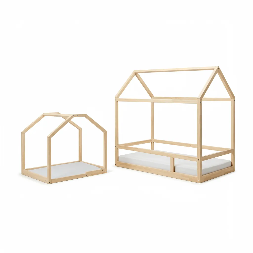 Comparaison des deux formats de lit cabane Montessori 70x140 cm et 90x190 cm côte à côte