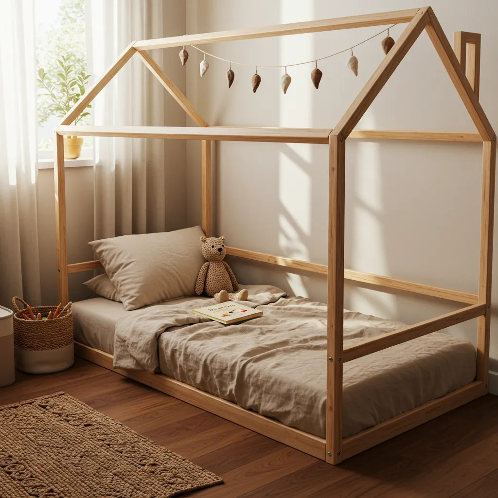 Lit cabane Montessori aménagé comme espace de jeu et de lecture autonome dans une chambre d'enfant baignée de lumière dorée