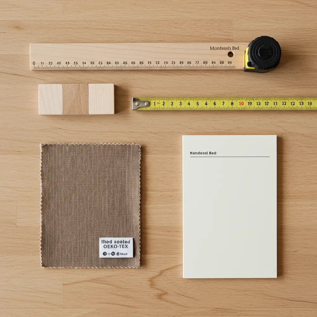 Vue de dessus des éléments essentiels à vérifier avant l'achat d'un lit cabane Montessori : matériaux, dimensions et certifications