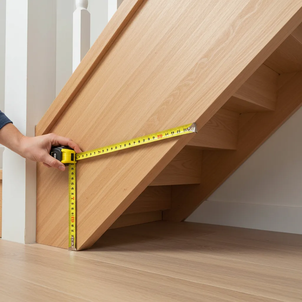 Prise de mesures de la hauteur et de la profondeur de l'espace sous un escalier en bois