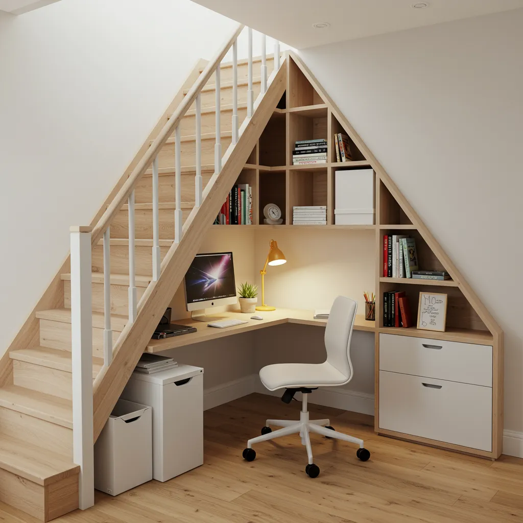 Bureau d'angle en L compact installé sous un escalier avec rangements intégrés suivant la pente
