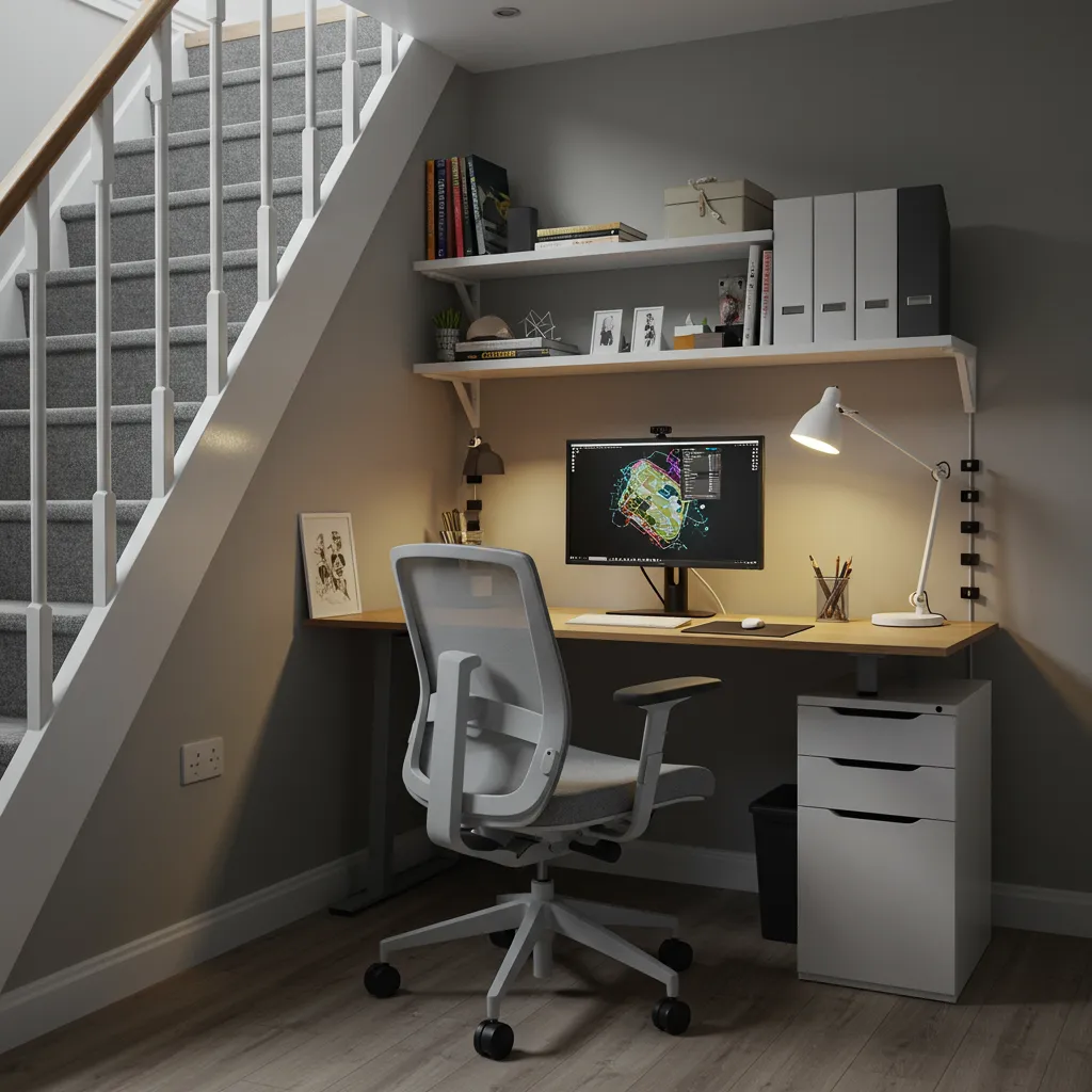 Poste de travail ergonomique sous escalier avec lampe de bureau, bras moniteur et rangements muraux