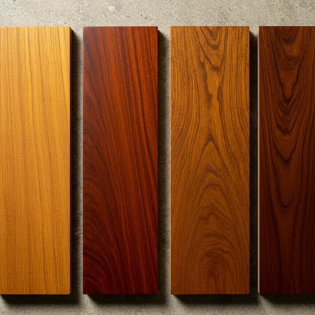 Échantillons de différentes essences de bois exotiques côte à côte révélant leurs textures et teintes distinctives