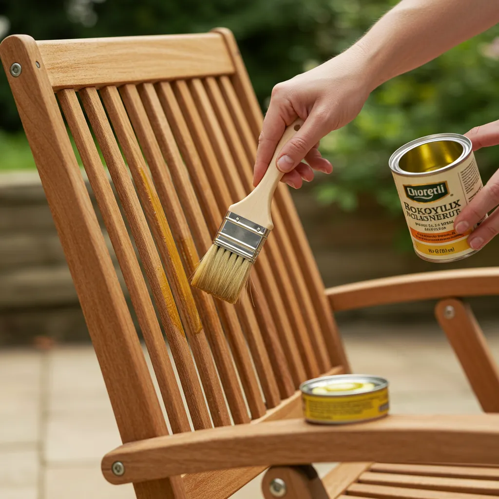 Application d'huile saturateur sur un fauteuil de jardin en bois exotique lors de l'entretien printanier