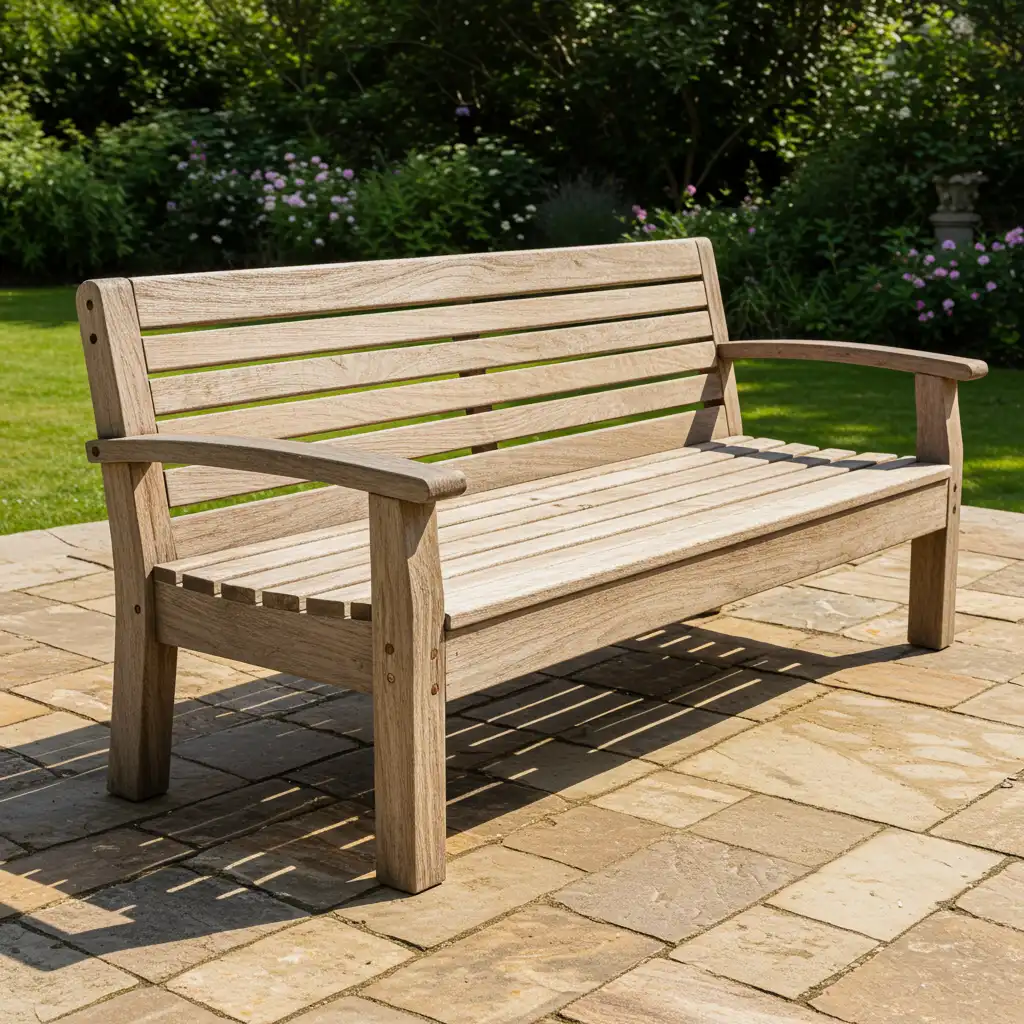Mobilier de jardin en bois exotique montrant le contraste entre le grisaillement naturel et le bois entretenu à l'huile