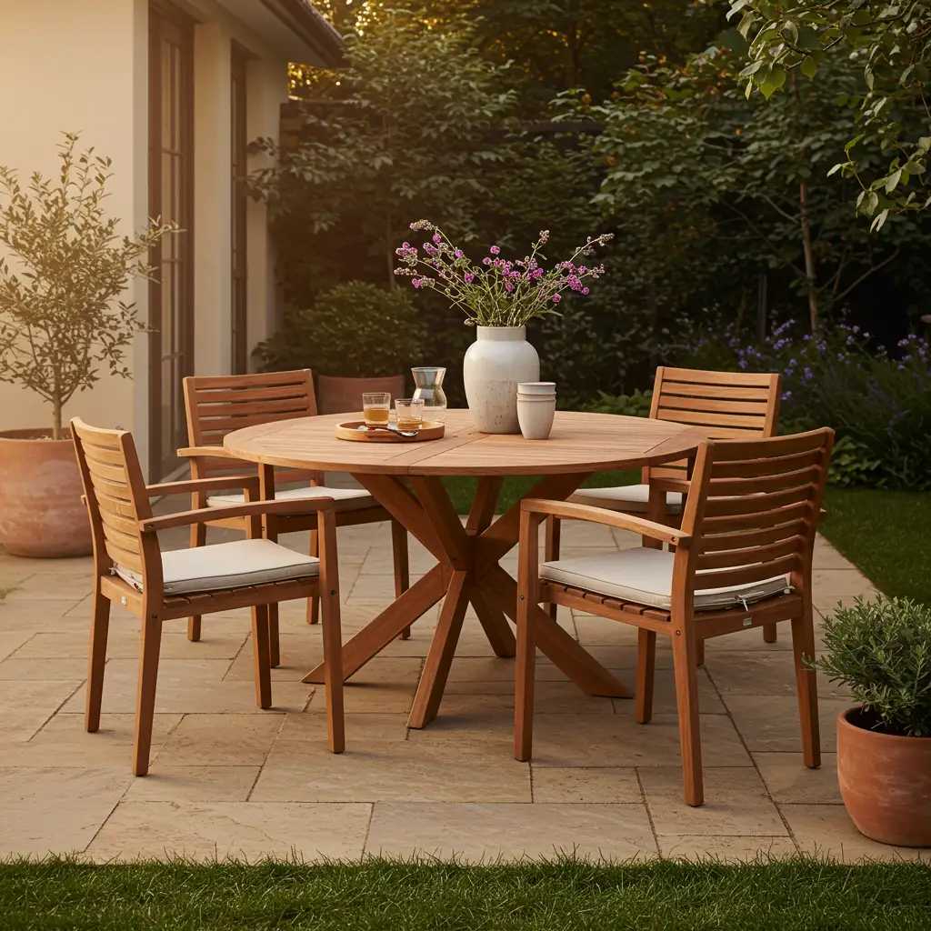 Ensemble de mobilier de jardin en bois exotique haut de gamme sur une terrasse en pierre dans un cadre paysager soigné