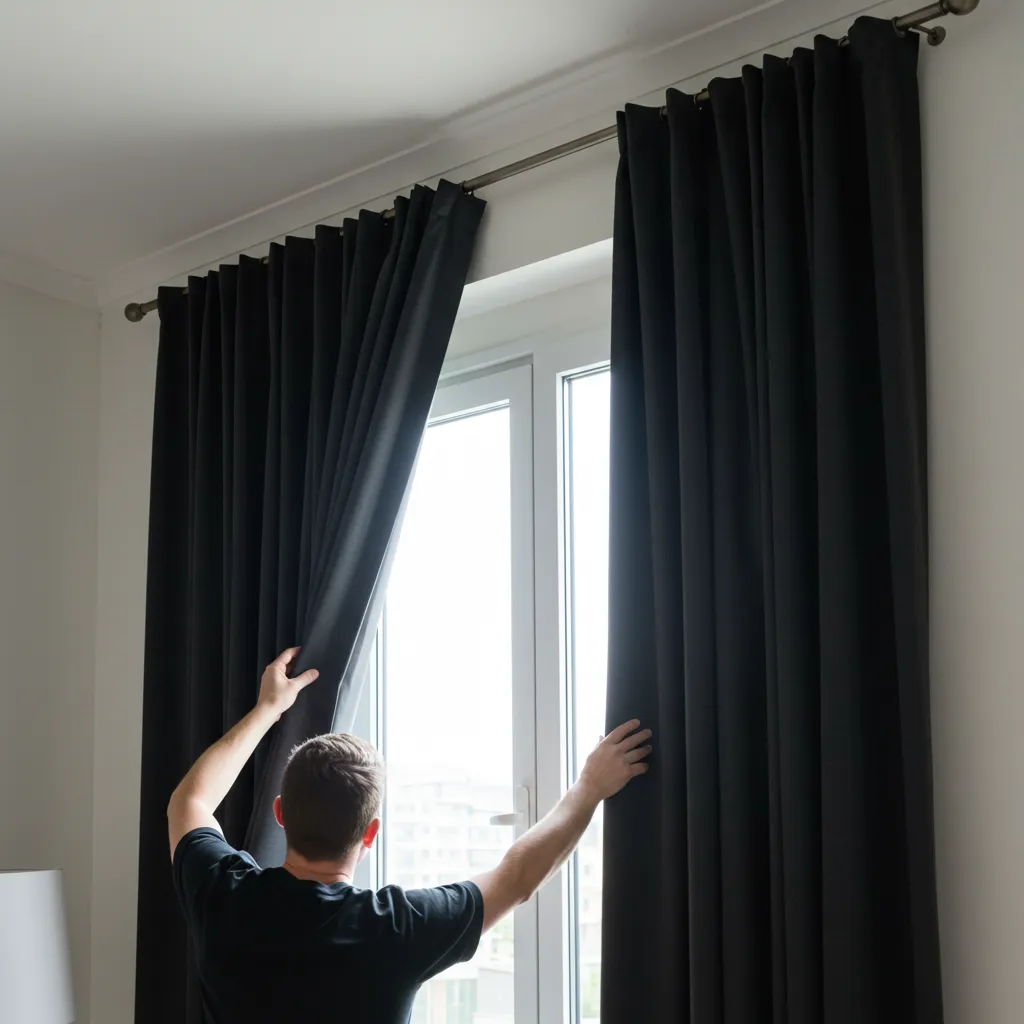Installation de rideaux occultants thermiques sur une tringle, avec ajustement jointif sur les quatre côtés de la fenêtre