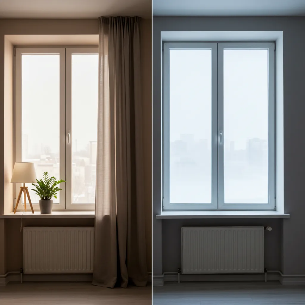 Comparaison visuelle entre une fenêtre équipée de rideaux thermiques et une fenêtre à double vitrage sans rideau dans un appartement moderne