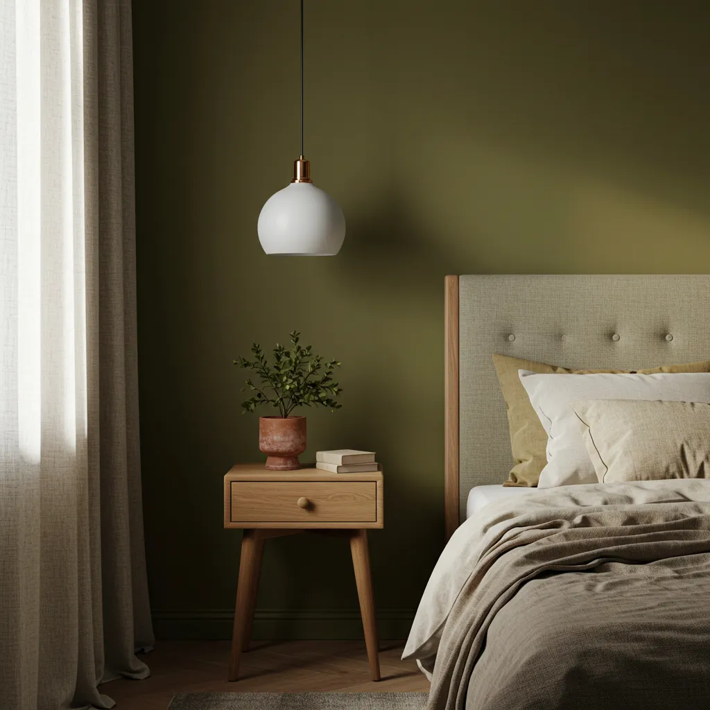 Chambre orientée nord avec murs vert olive chaud mettant en valeur les couleurs recommandées pour compenser la lumière froide