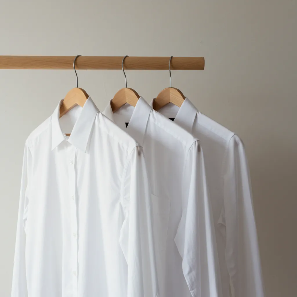 Trois chemises blanches en coton suspendues sur une tringle en bois, mettant en valeur les différences de coupe et de col entre les modèles