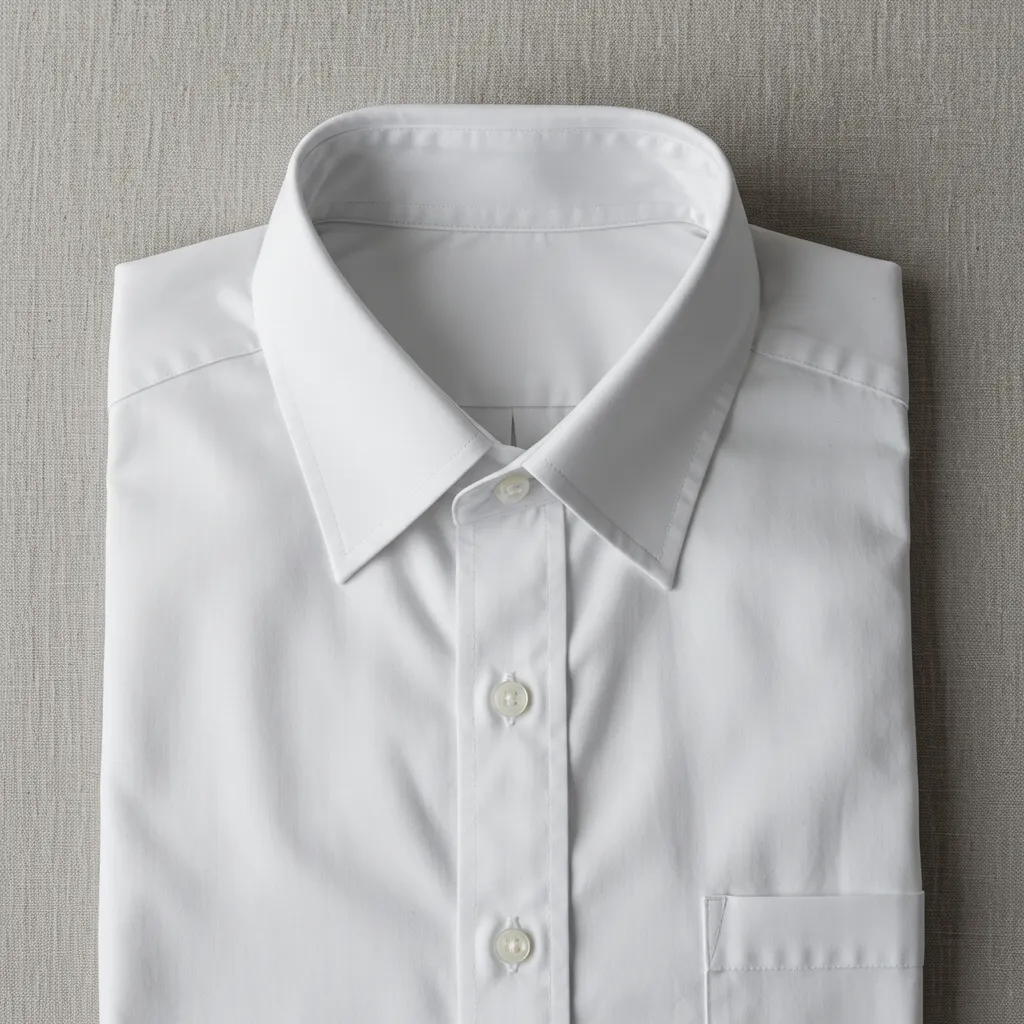 Chemise blanche en coton à plat vue de dessus, gros plan sur la construction du col, la boutonnière et les coutures renforcées pour illustrer les critères de qualité