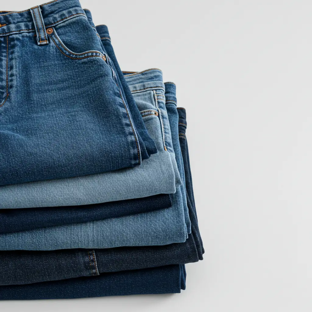 Sélection de jeans coupe droite taille haute en denim de qualité, pliés et empilés, mettant en avant la composition et les finitions du tissu