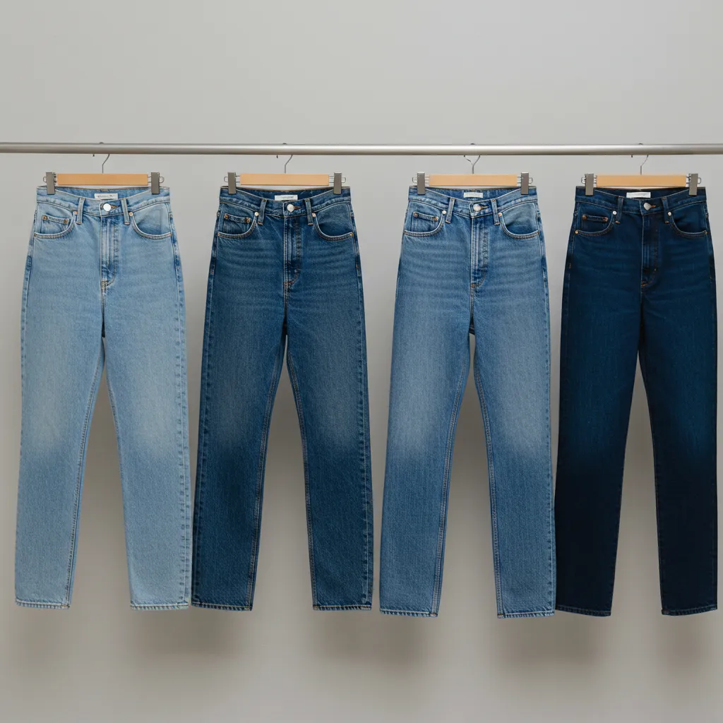 Cinq jeans coupe droite taille haute de différentes marques suspendus côte à côte, illustrant la diversité des coupes et des lavages disponibles