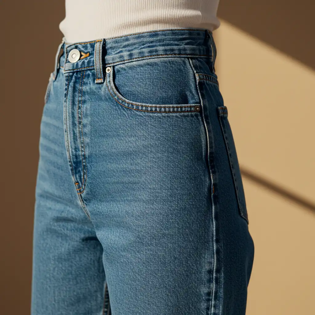 Détail de la taille haute et des poches arrière d'un jean droit, illustrant les finitions sobres recommandées pour la silhouette en sablier