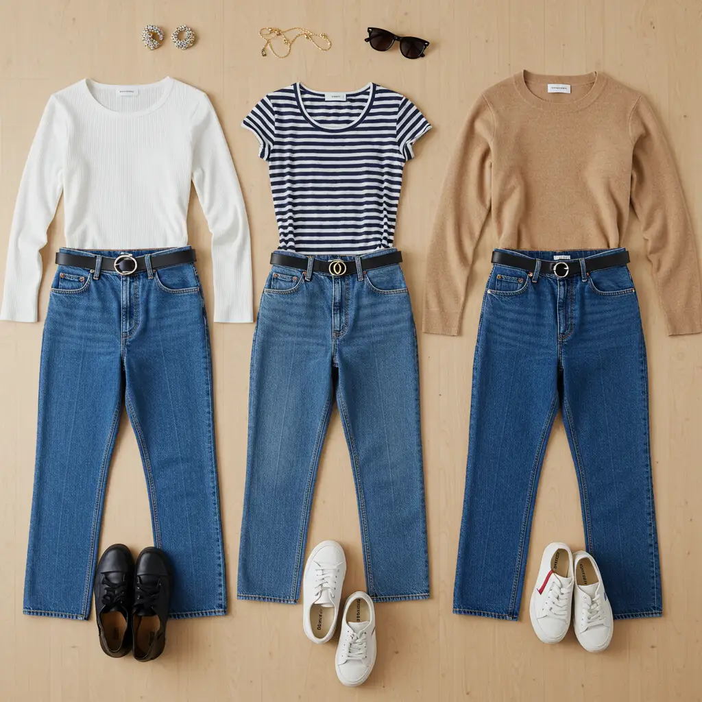 Trois looks complets avec un jean droit taille haute associé à différents hauts pour mettre en valeur la silhouette en sablier au quotidien