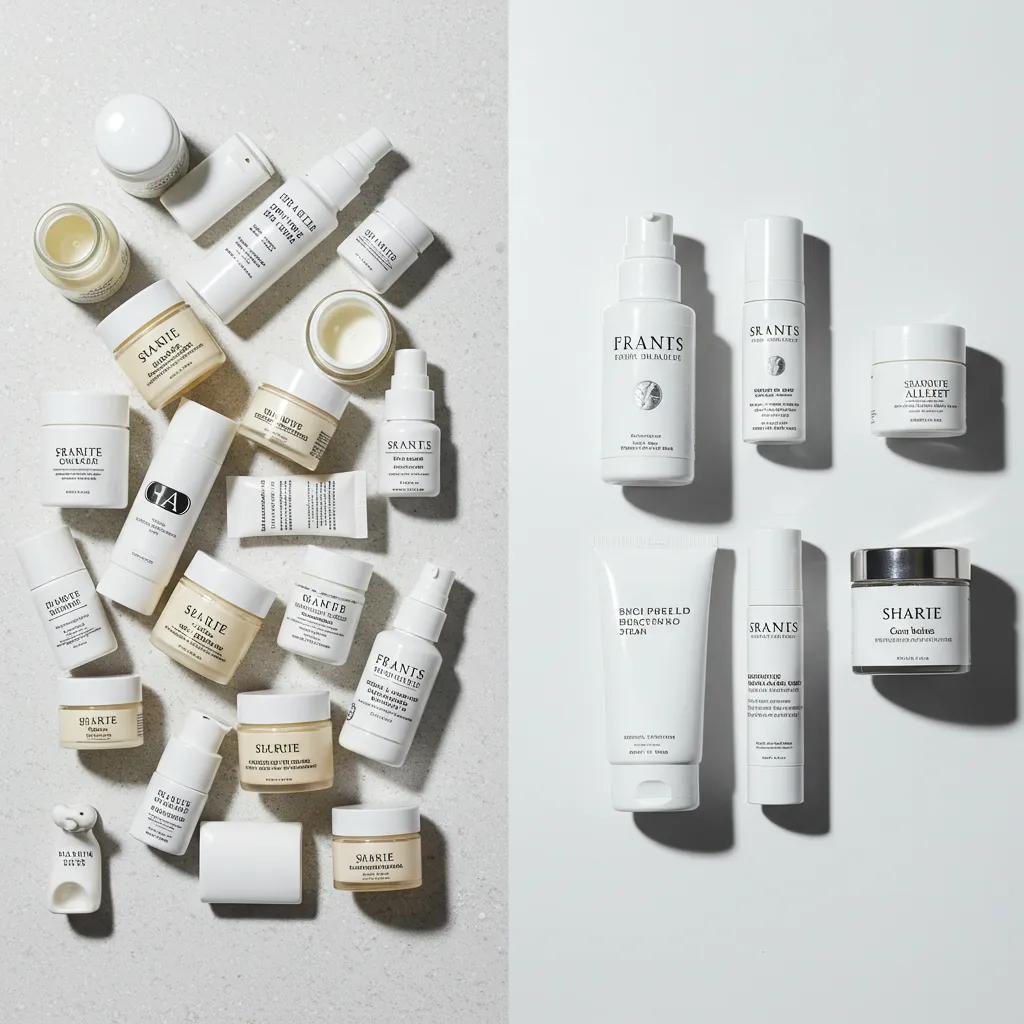 Comparaison visuelle entre une routine complète encombrée et une routine minimaliste à quatre produits pour peau réactive