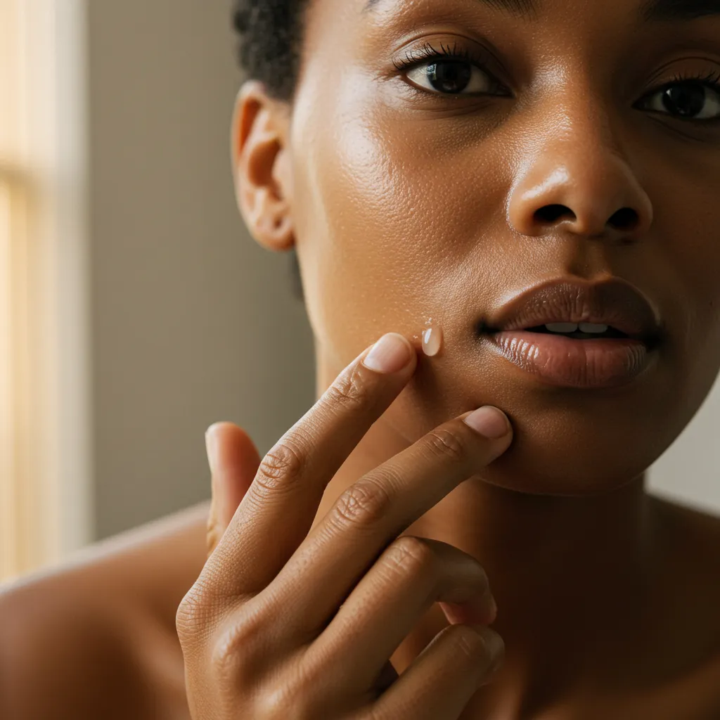 Application douce d'un sérum sur une peau réactive dans le cadre d'une routine minimaliste progressive