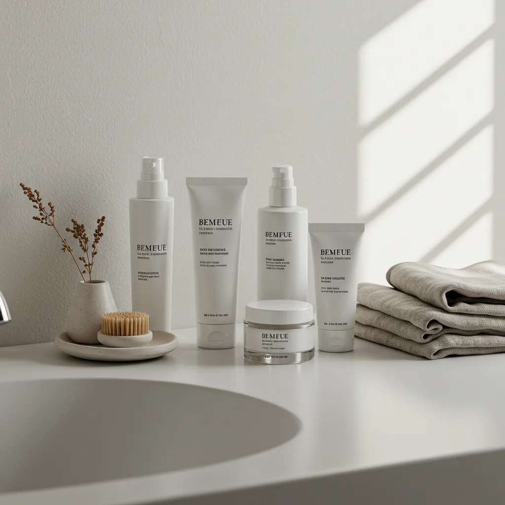 Vue d'ensemble d'une routine soin minimaliste complète posée sur un plan de salle de bain épuré, résumant les quatre essentiels pour peau réactive