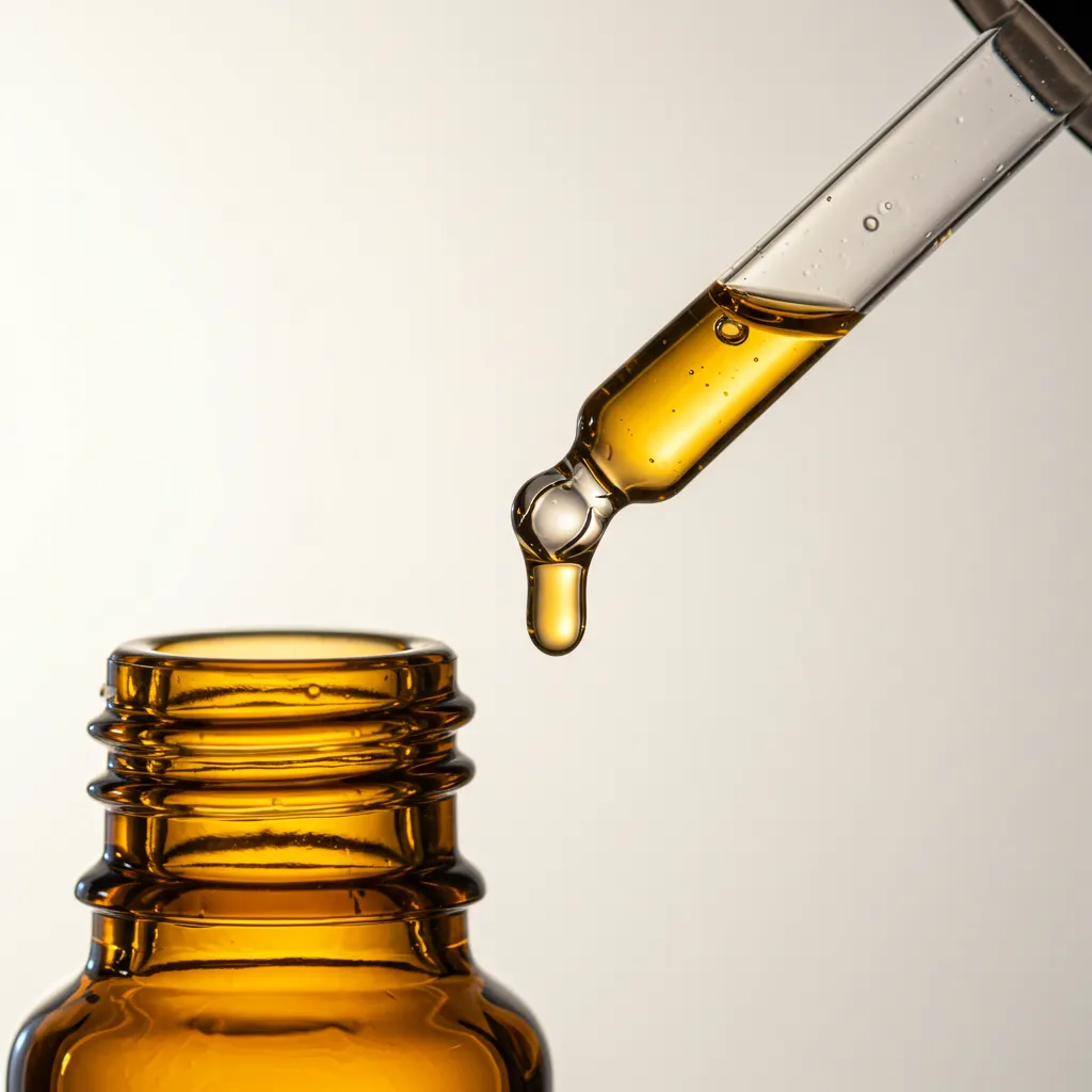 Gros plan d'un flacon compte-gouttes libérant une goutte de sérum vitamine C dorée sur fond blanc épuré