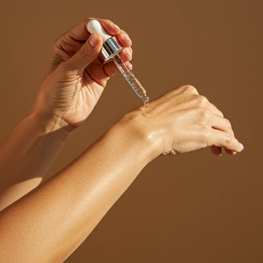 Main d'une femme mature appliquant un sérum vitamine C sur sa peau lumineuse et hydratée