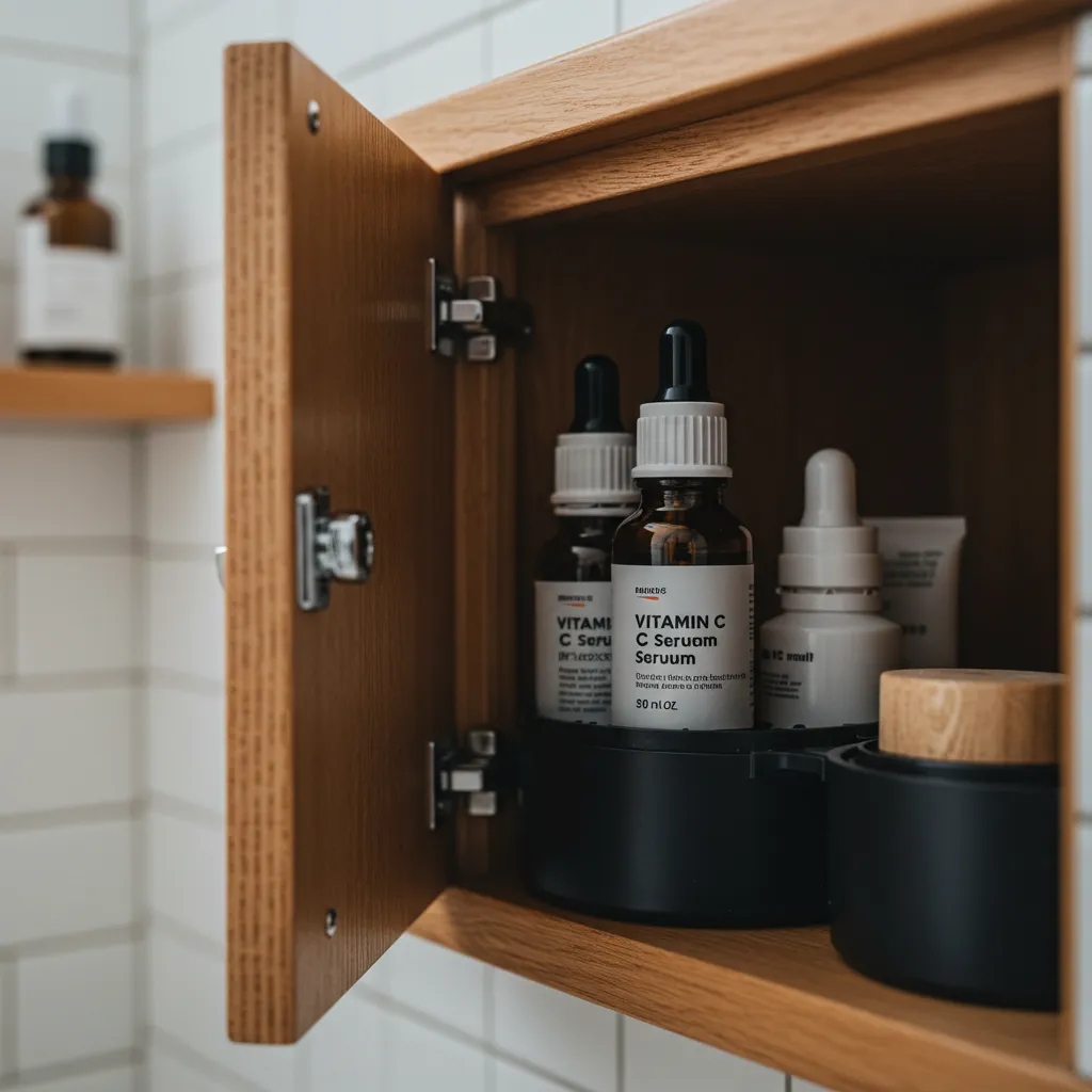 Flacon de sérum vitamine C rangé correctement dans une armoire de salle de bain pour préserver son efficacité