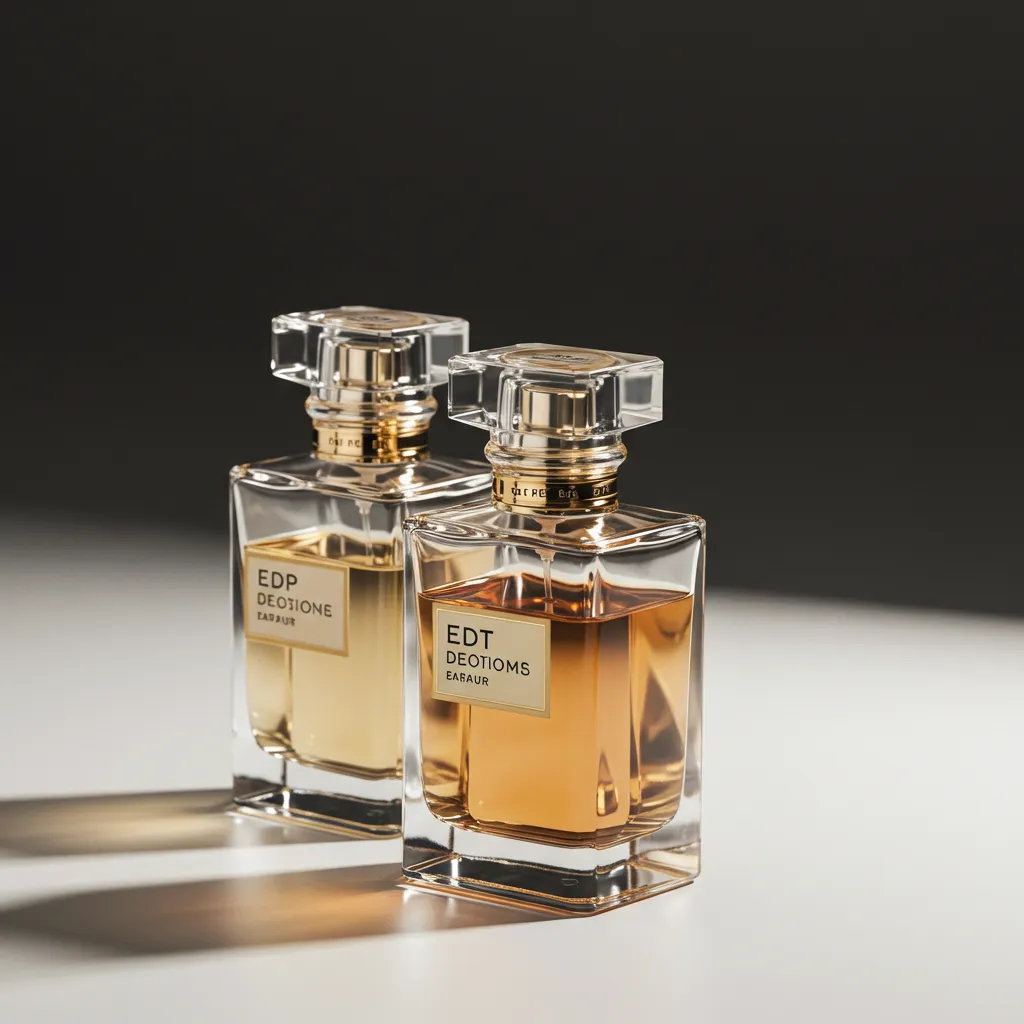 Comparaison visuelle entre un flacon Eau de Parfum et un flacon Eau de Toilette côte à côte