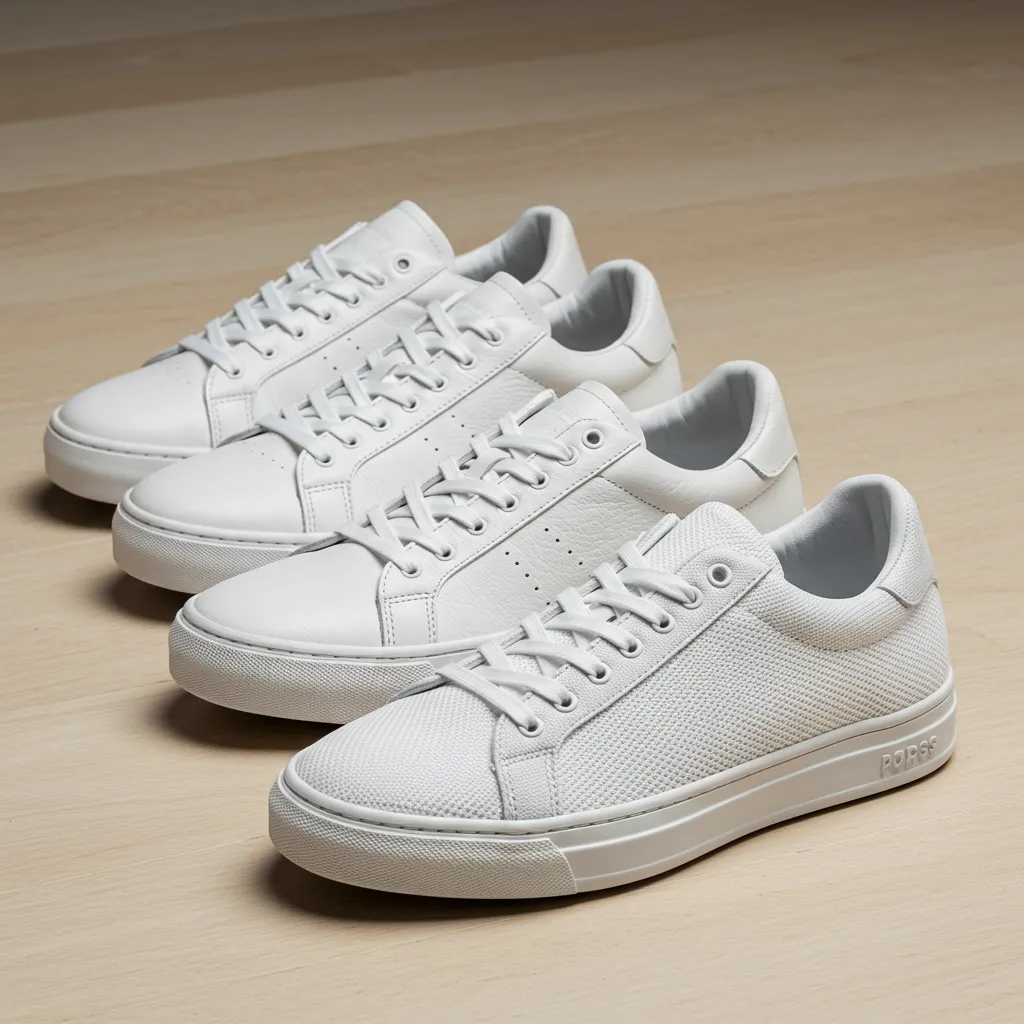Comparaison de trois paires de sneakers blanches en cuir lisse, toile canvas et mesh synthétique côte à côte