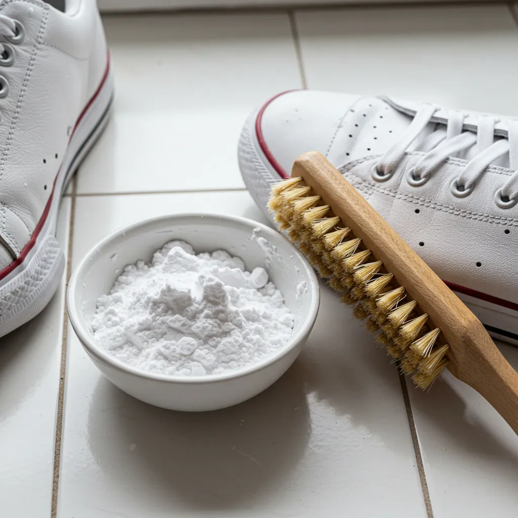 Préparation d'une pâte de bicarbonate de soude pour nettoyer des sneakers blanches jaunies