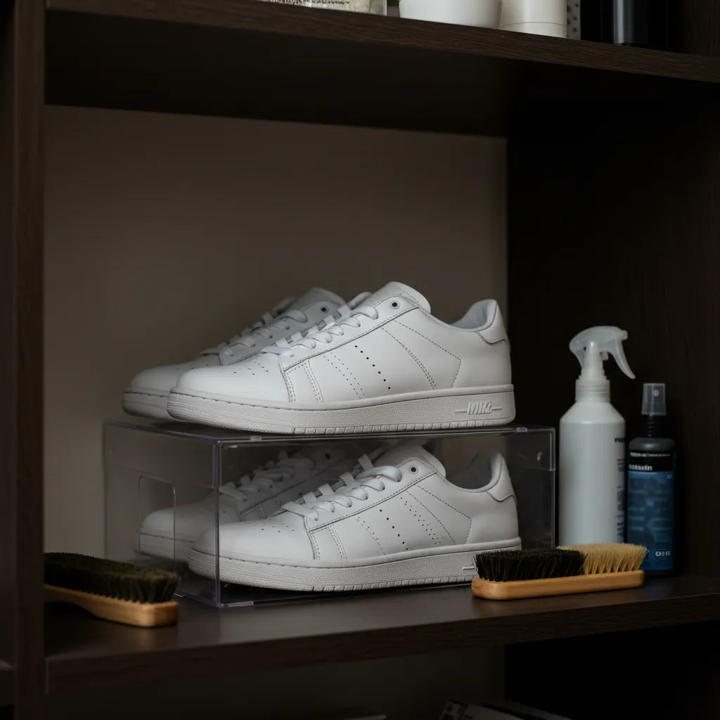 Sneakers blanches rangées dans une boîte de protection transparente avec des produits d'entretien pour prévenir le jaunissement