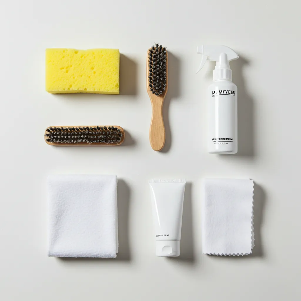Vue de dessus des différents outils et produits pour blanchir des sneakers jaunies : gomme magique, brosse, dentifrice et chiffon microfibre