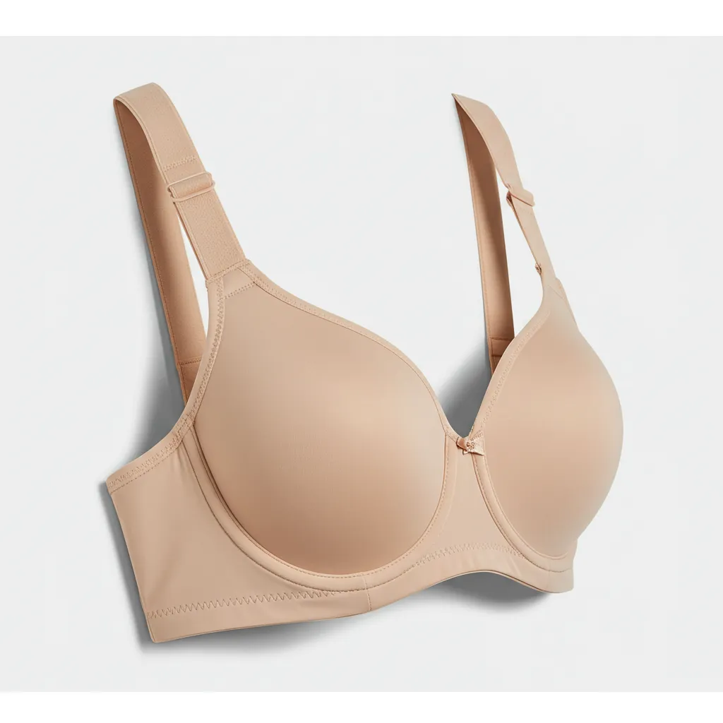 Gros plan sur la construction d'un soutien-gorge sans armatures grande taille : bretelles larges, dos renforcé et bonnets enveloppants en tissu beige