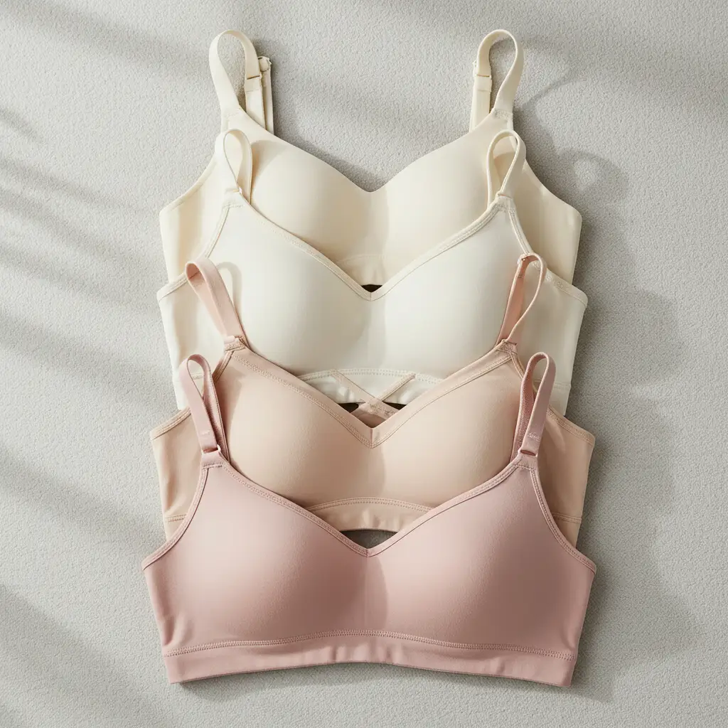 Comparaison de différentes formes de soutiens-gorge sans armatures grande taille : emboîtant, croisé et coques spacer disposés en flat lay