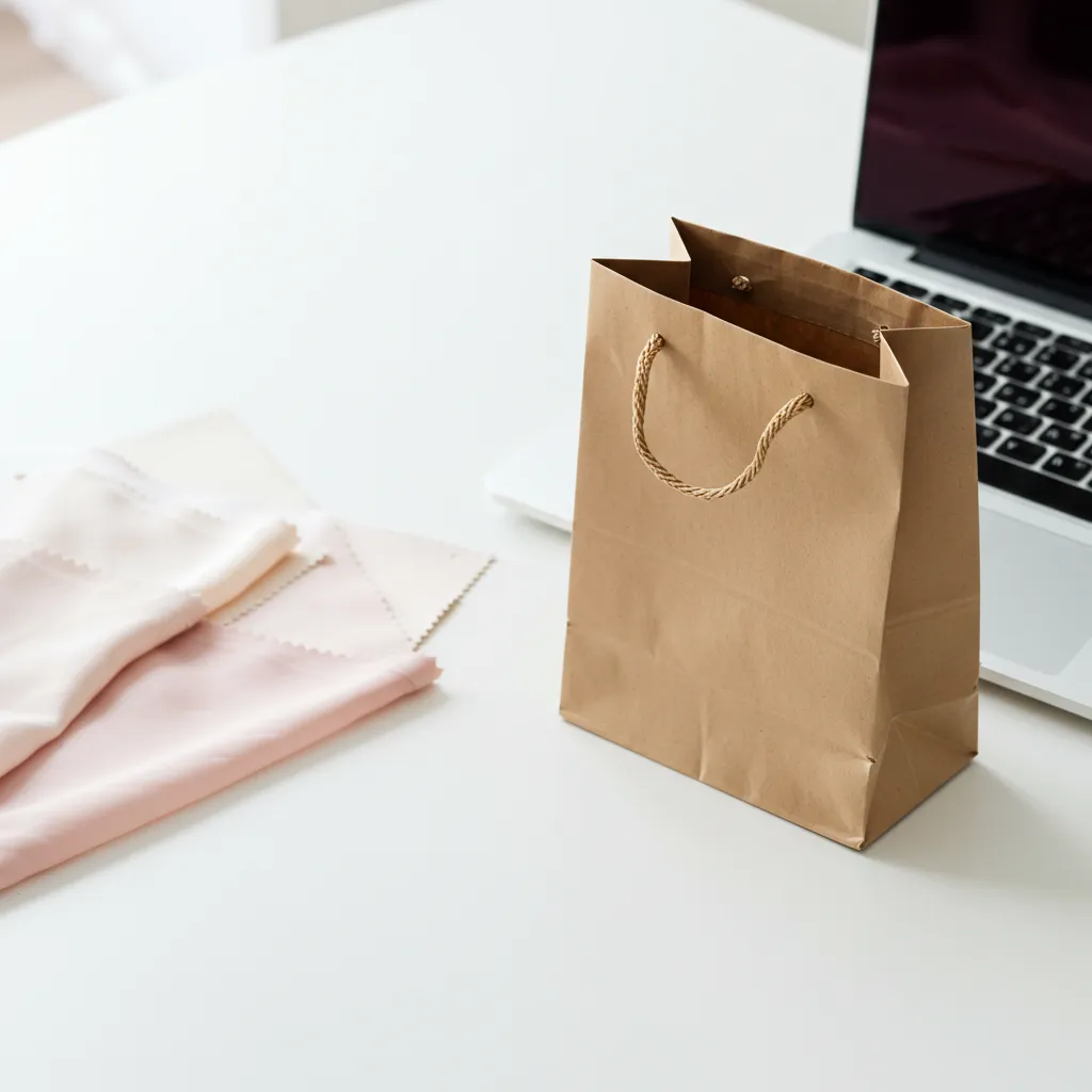 Achat en ligne de lingerie grande taille sans armatures : ordinateur portable et sac de commande sur bureau blanc, ambiance shopping moderne