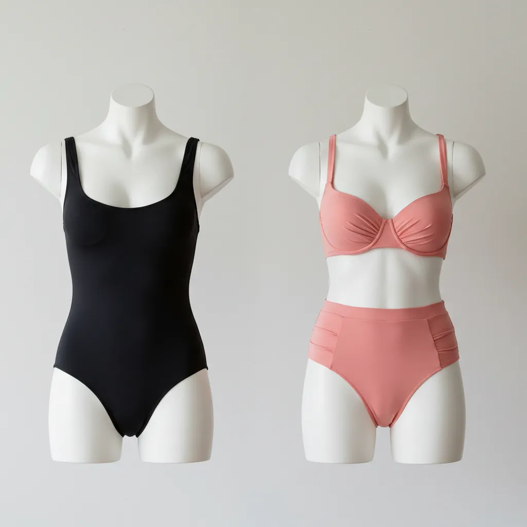 Comparaison des trois coupes de maillot de bain les plus flatteuses pour ventre rond : une pièce gainant, bikini taille haute et tankini