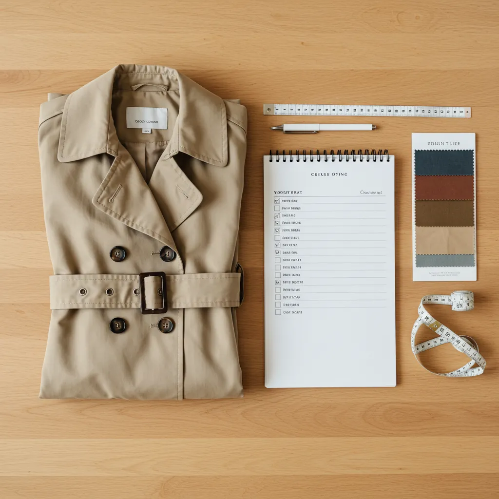Vue de dessus d'un guide d'achat de trench imperméable avec manteau plié, carnet et échantillons de tissu