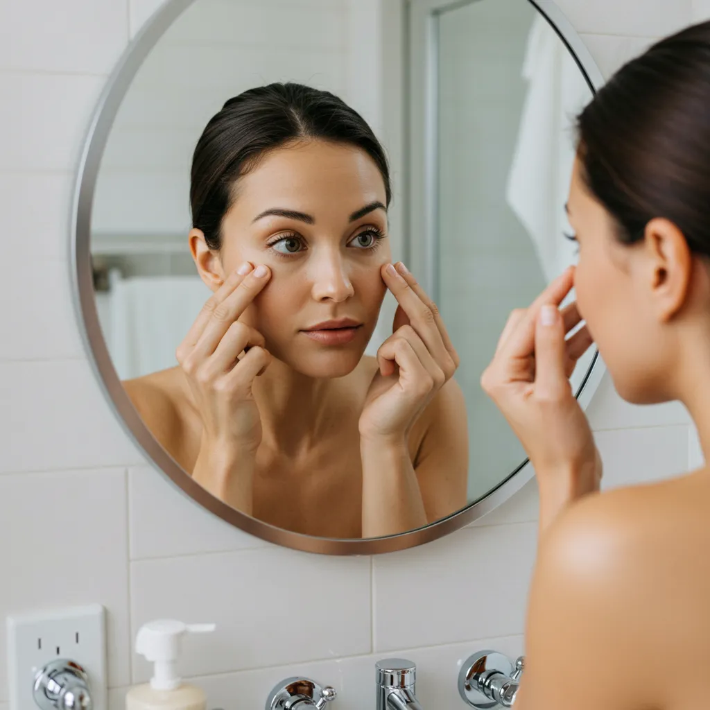 Femme observant ses cernes dans un miroir de salle de bain en lumière naturelle pour poser un diagnostic